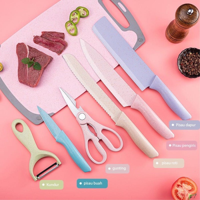 Pisau Dapur Set Warna Kitchen Knife Macaron Gunting Peeler 6in1 — 2