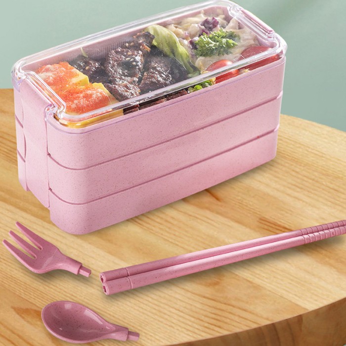Kotak Makan Set Tingkat Mika Lunch Box 3 Susun Sumpit Sendok Garpuh — 7