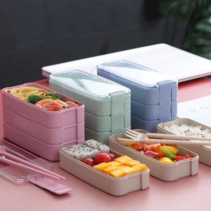 Kotak Makan Set Tingkat Mika Lunch Box 3 Susun Sumpit Sendok Garpuh — 9