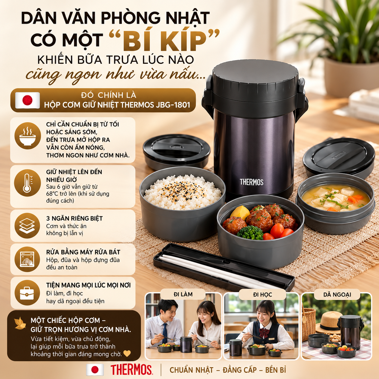 THOR 05 4540c9bd thor 05 - Hộp Cơm Giữ Nhiệt Thermos Stainless Lunch Jar JBG-1801 Nhật Bản (Dung Tích 1.3 Lít - Kèm 3 Hộp Nhỏ & Đũa)