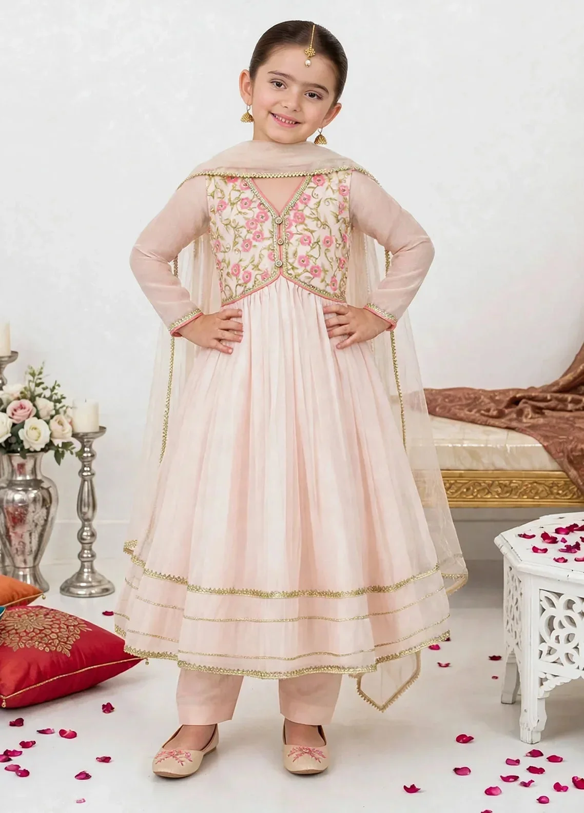 Modest Stitched 3 Piece Formals Kids Suit-A011-Peach