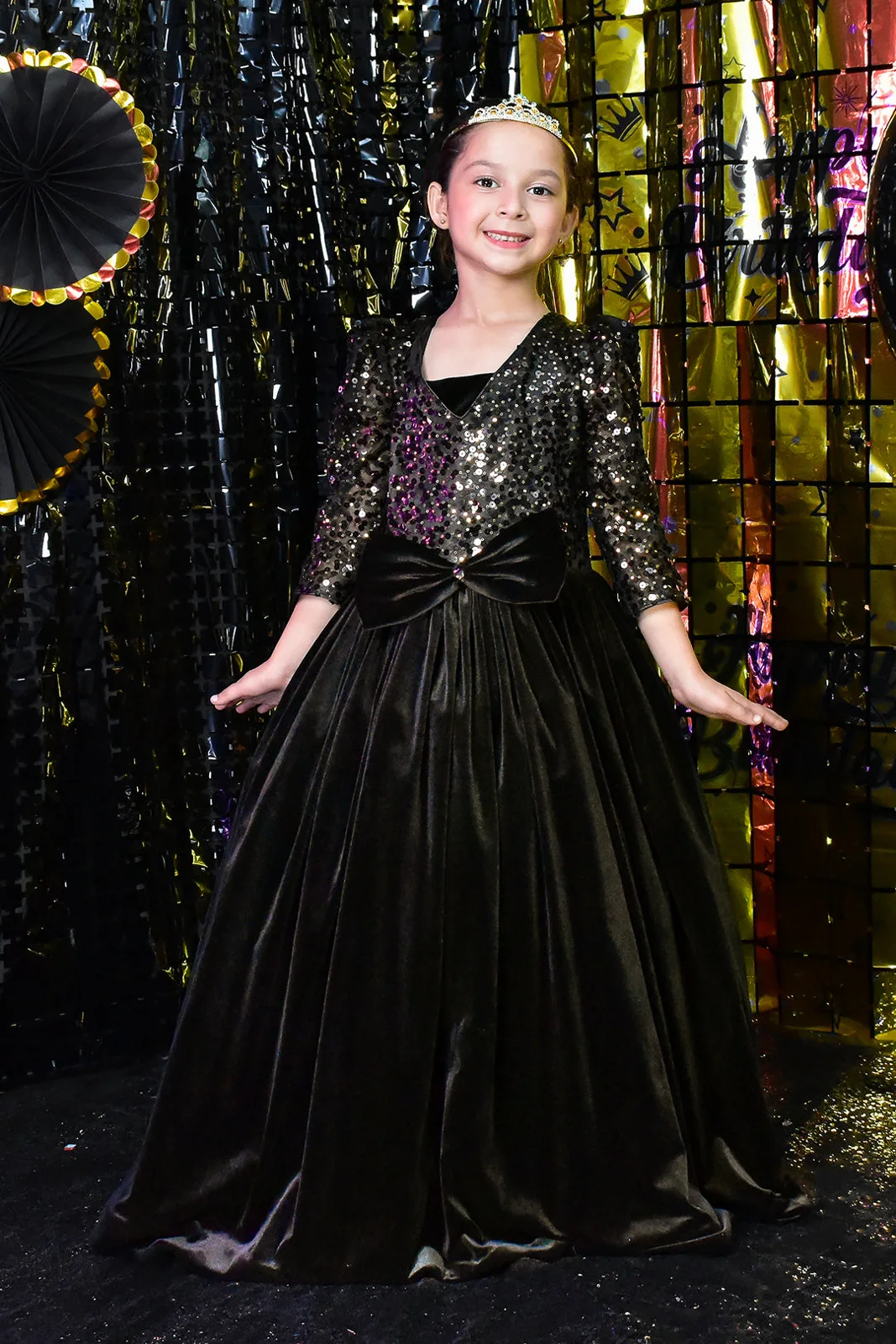 Sequins Body Velvet Long Girls Gown