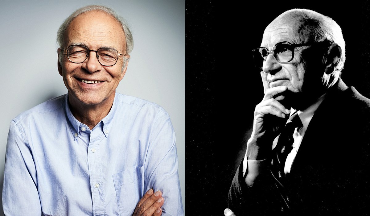 Två porträttbilder på Milton Friedman