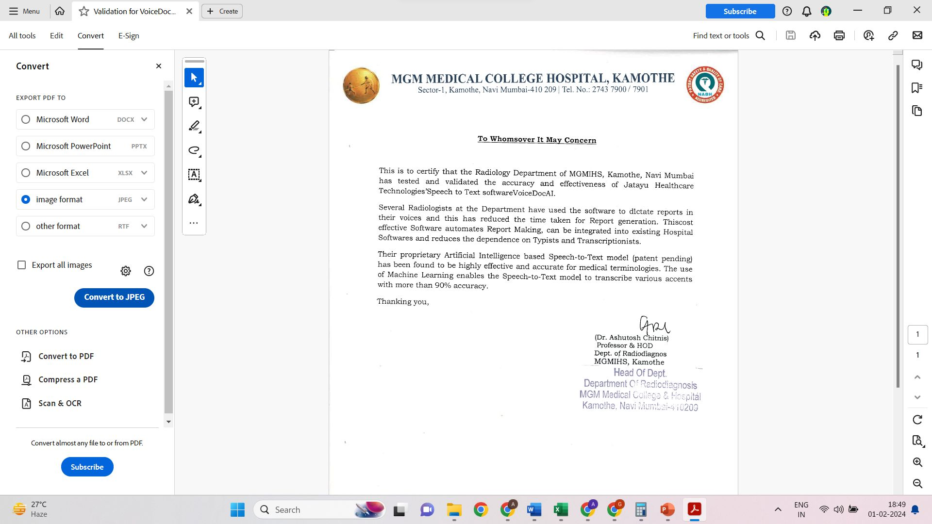 MGM Medical College, Kamothe: written validation letter for VoiceDocAI