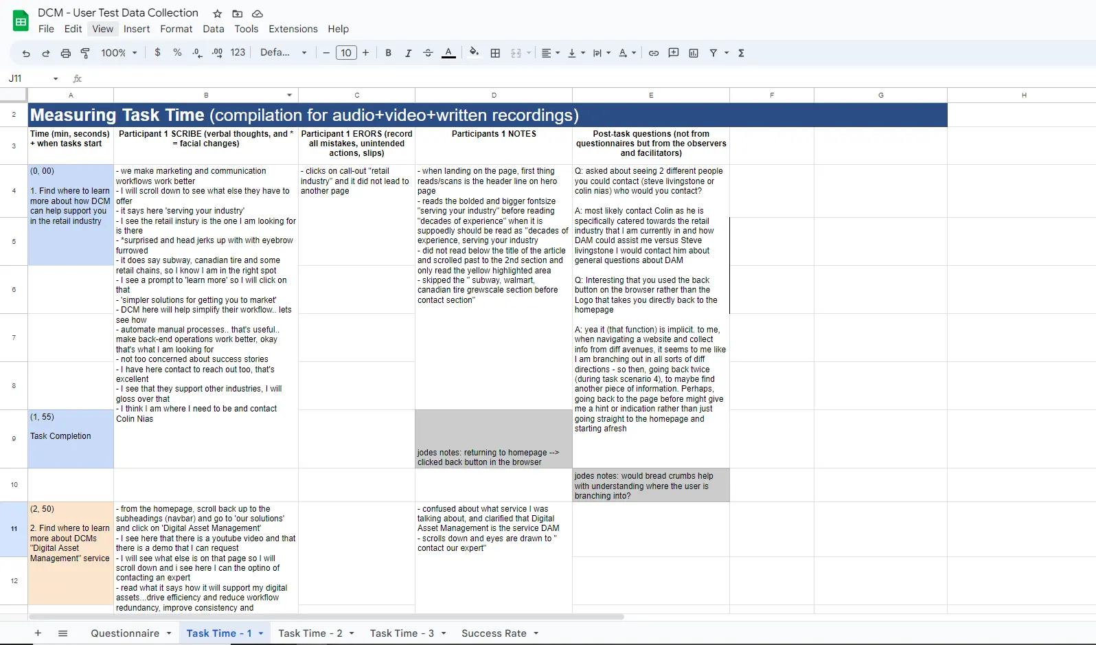 raw qualitative data gathered and layed out in an excel sheet with timestamps