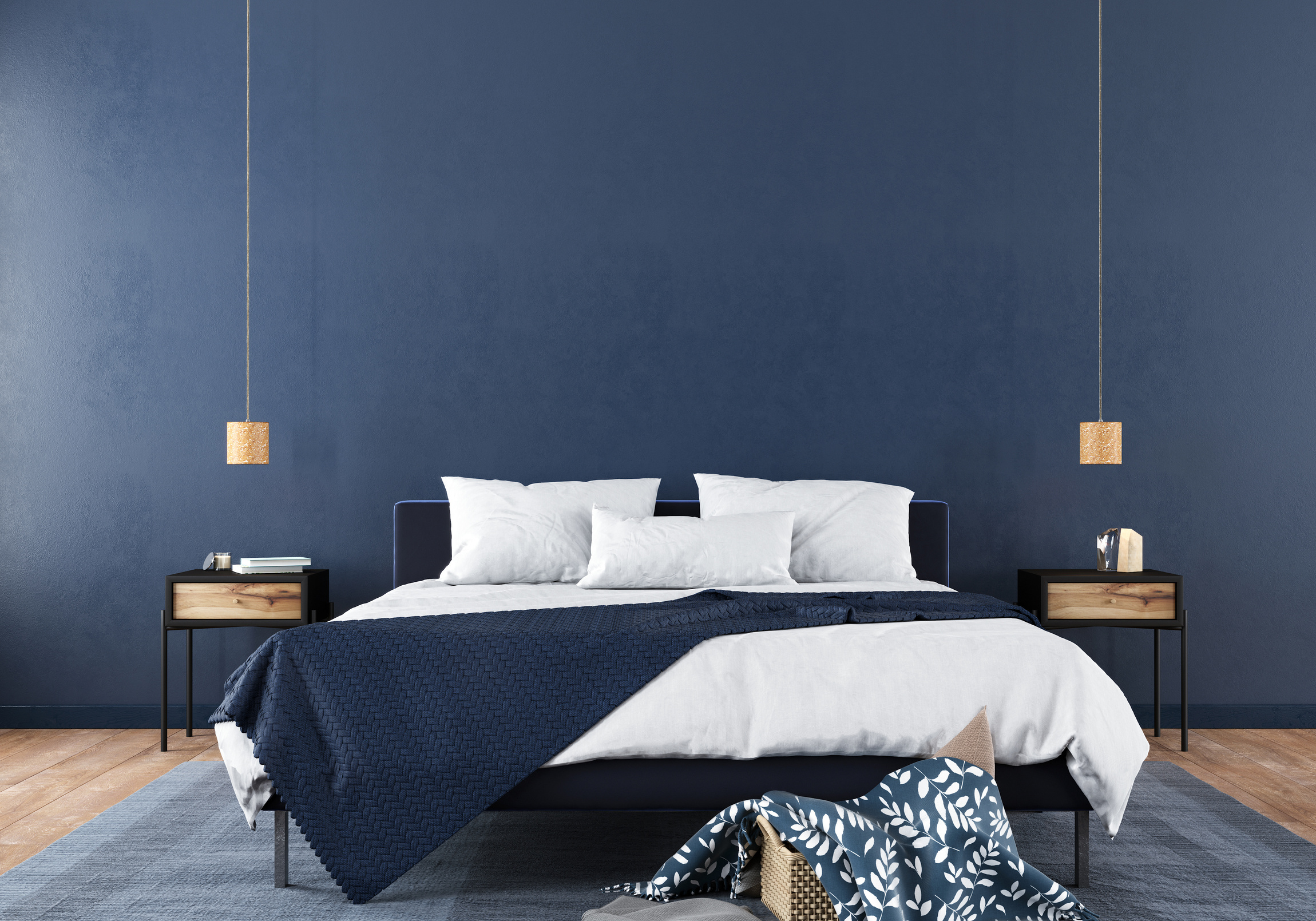 Stylish bedroom interior in trendy blue