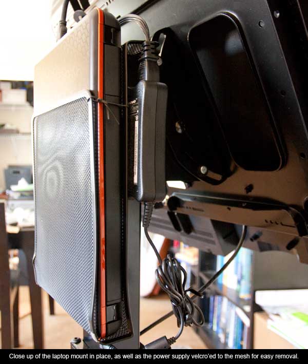 Close up of the laptop mounting, along with the power supply mounted via velcro.