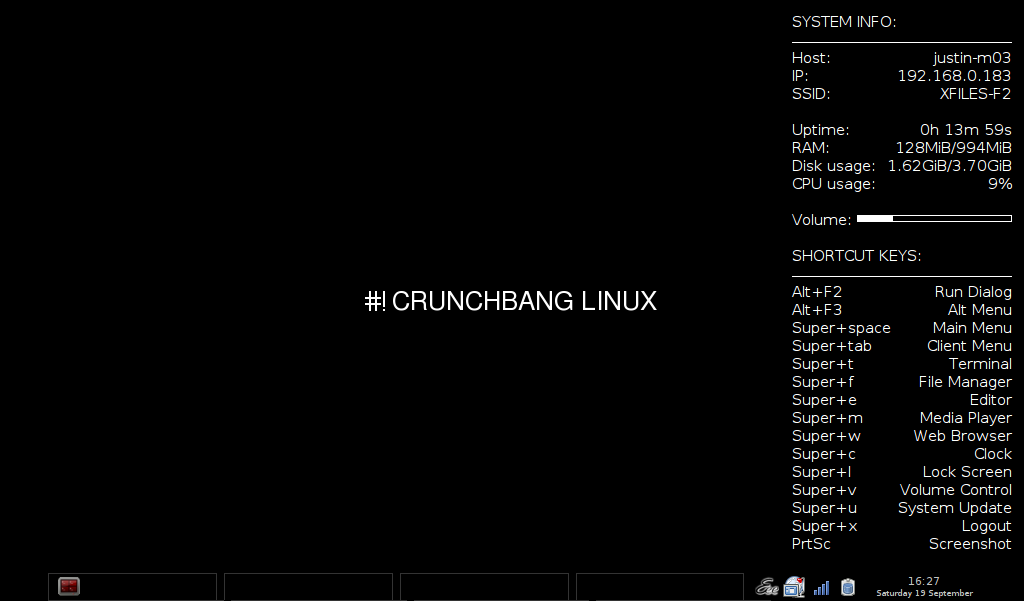 The stock #! CrunchBang Linux desktop, with a few modifications.