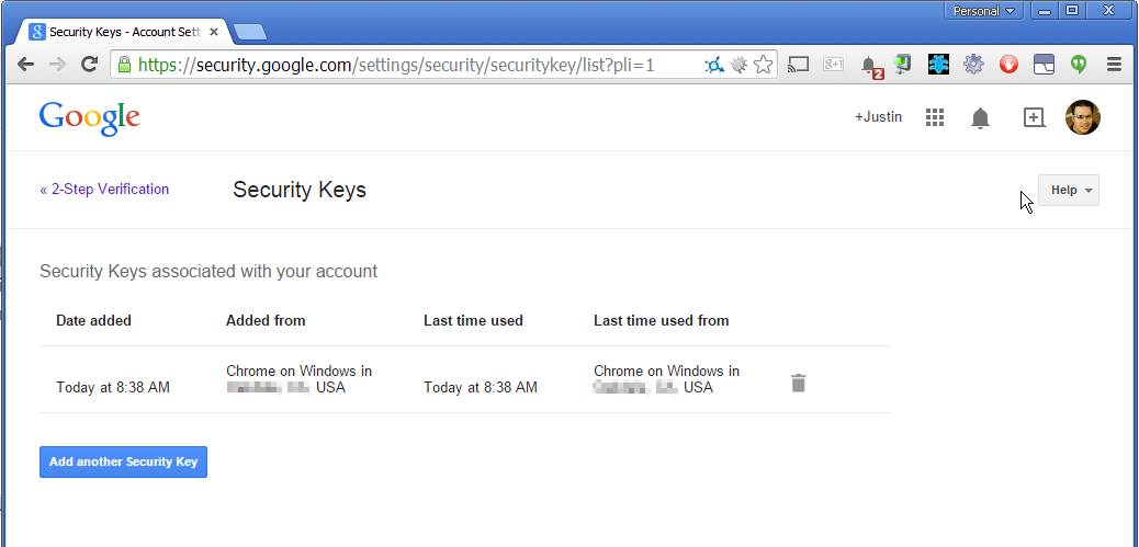 Security key setup for Google Account