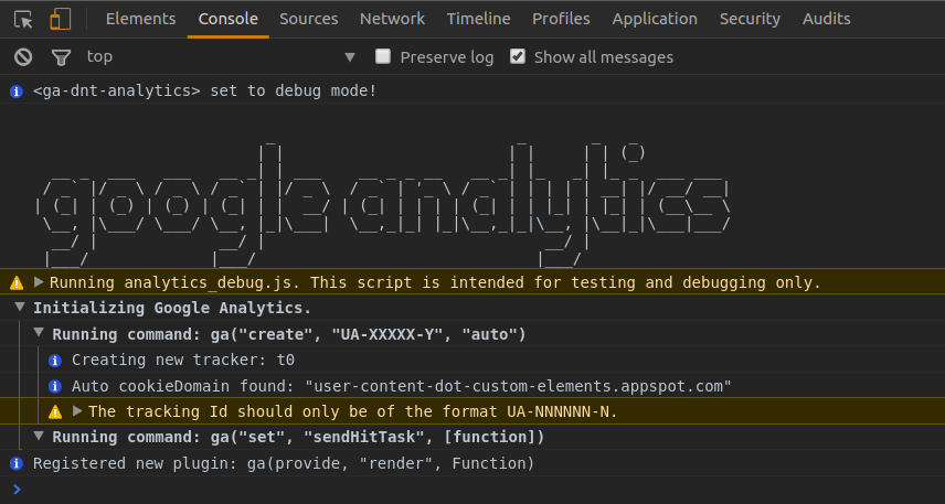 ga-dnt-analytics in DevTools console