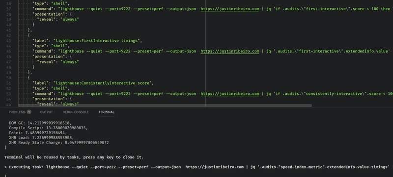 lighthouse running tests in VS Code via tasks.json