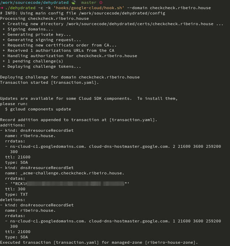 concatenated output from running dehydrated command