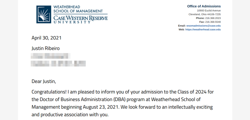 My acceptance letter to Weatherhead School of Doctoral Program at Case Western Reserve University.