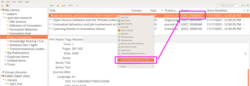 The plugin option in the sub-menu injects Google Scholar citation count data in the extra field within Zotero.