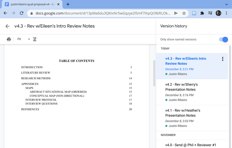 My qualitative paper version history, showing the most recent changes from the previous day based on feedback.