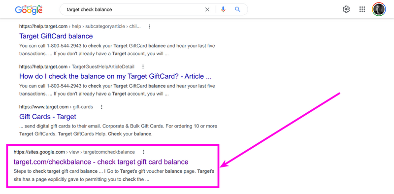 A phishing site holds the second organic search result beneath the indented second order links in the Target.com first result.