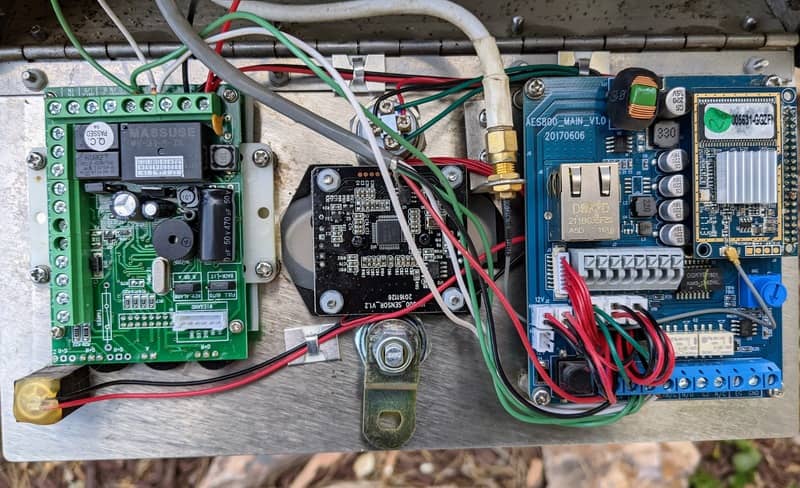 The BFT gate controller panel opened showing it's internals.