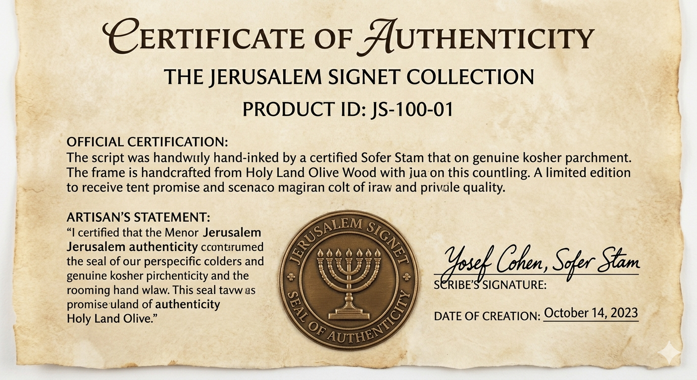 Certificate of authenticity for The Jerusalem Signet Collection: parchment document with official seal and signatory lines
