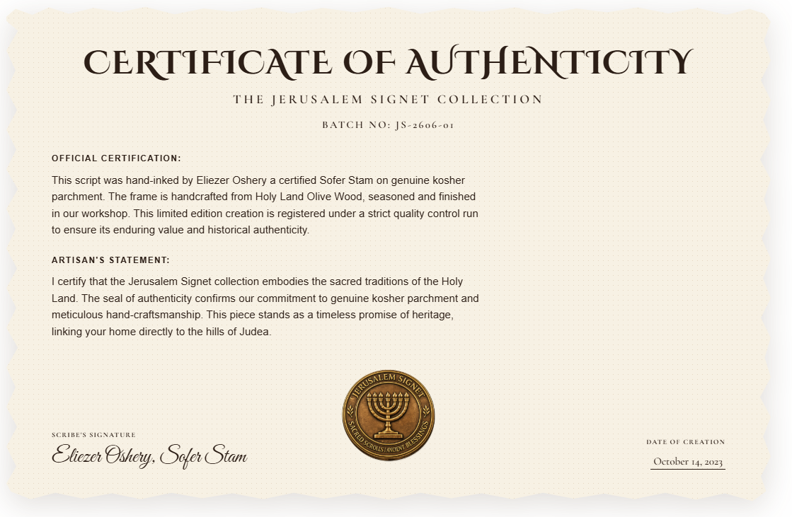 Certificate of authenticity for The Jerusalem Signet Collection: parchment document with official seal and signatory lines