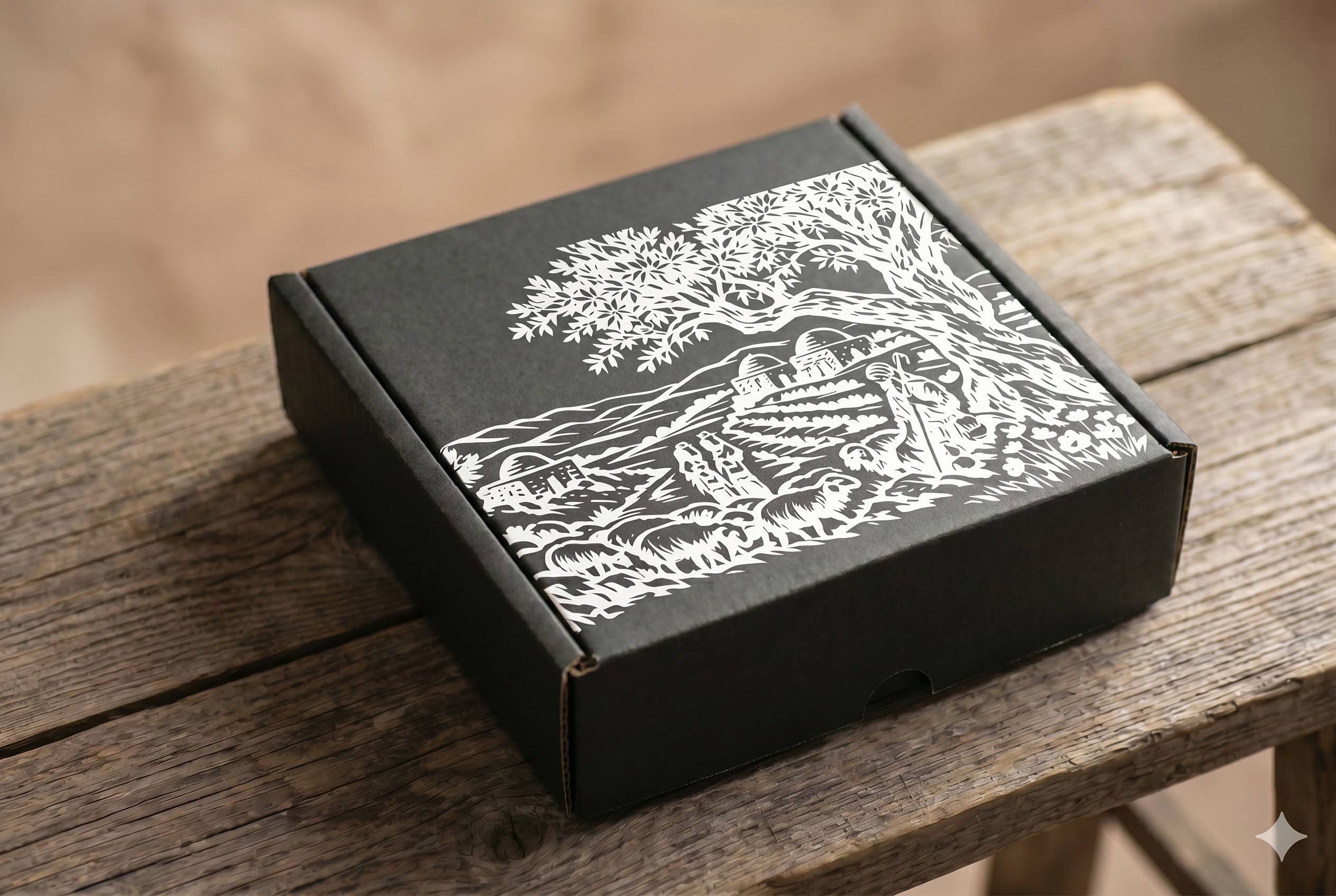 Midnight black kraft carton with Shepherd of Judea art