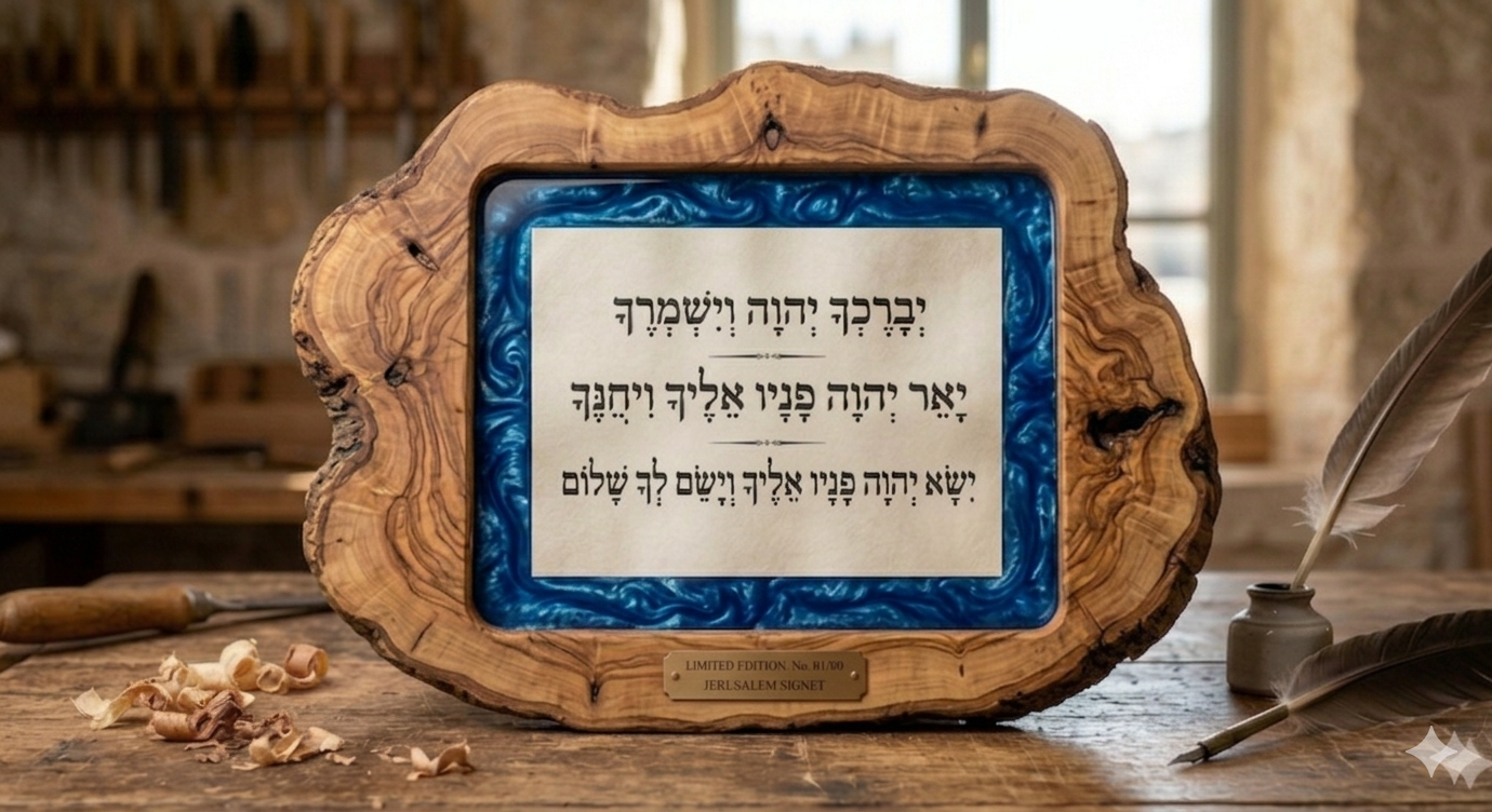 Galilee olive ring-style piece with blessing on royal epoxi under glass