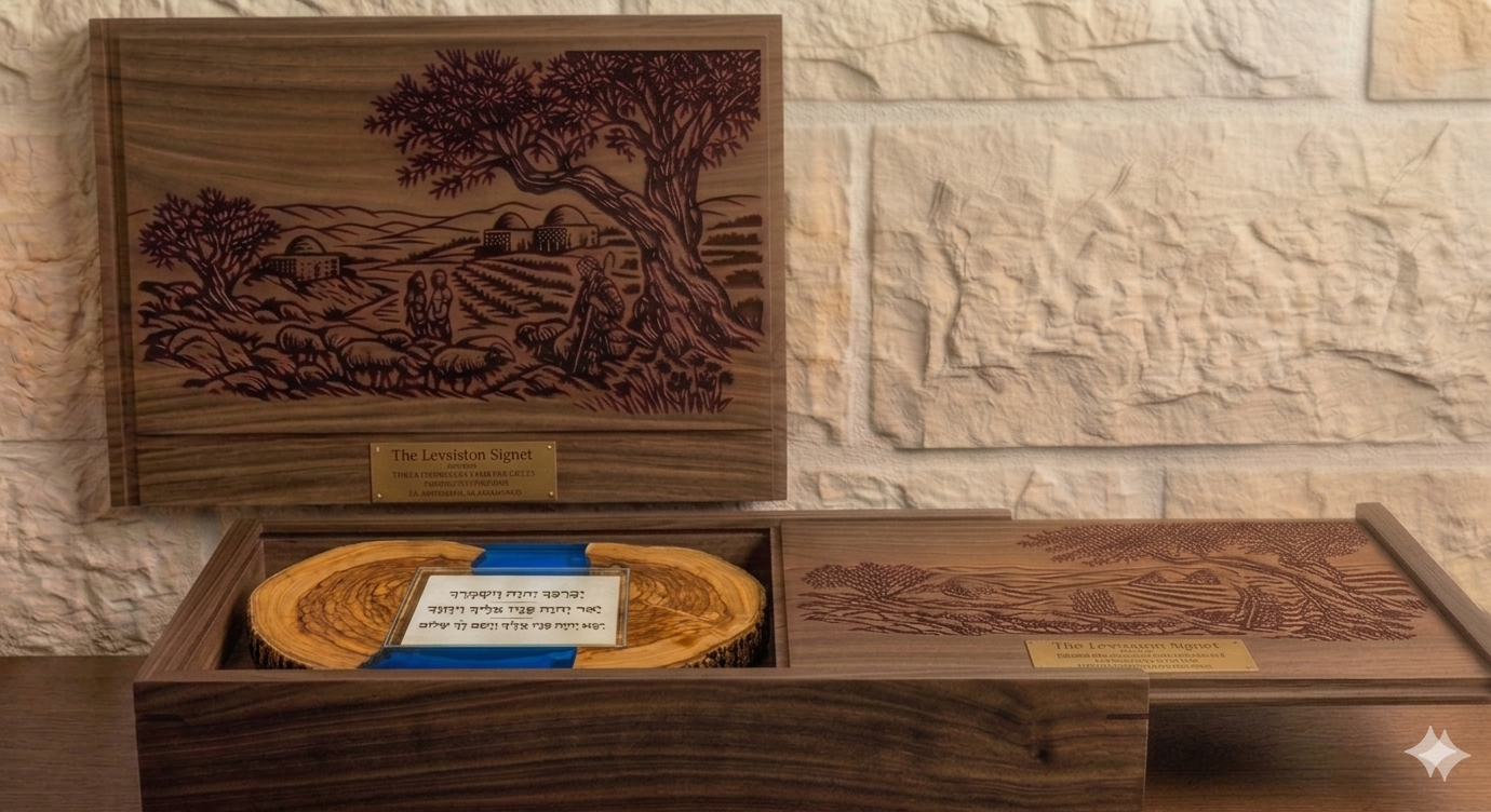 Acacia presentation box with engraved lid and sliding top, shown with a round Galilee olive piece featuring blue epoxy and a glass-covered Hebrew blessing — an example heritage combination.