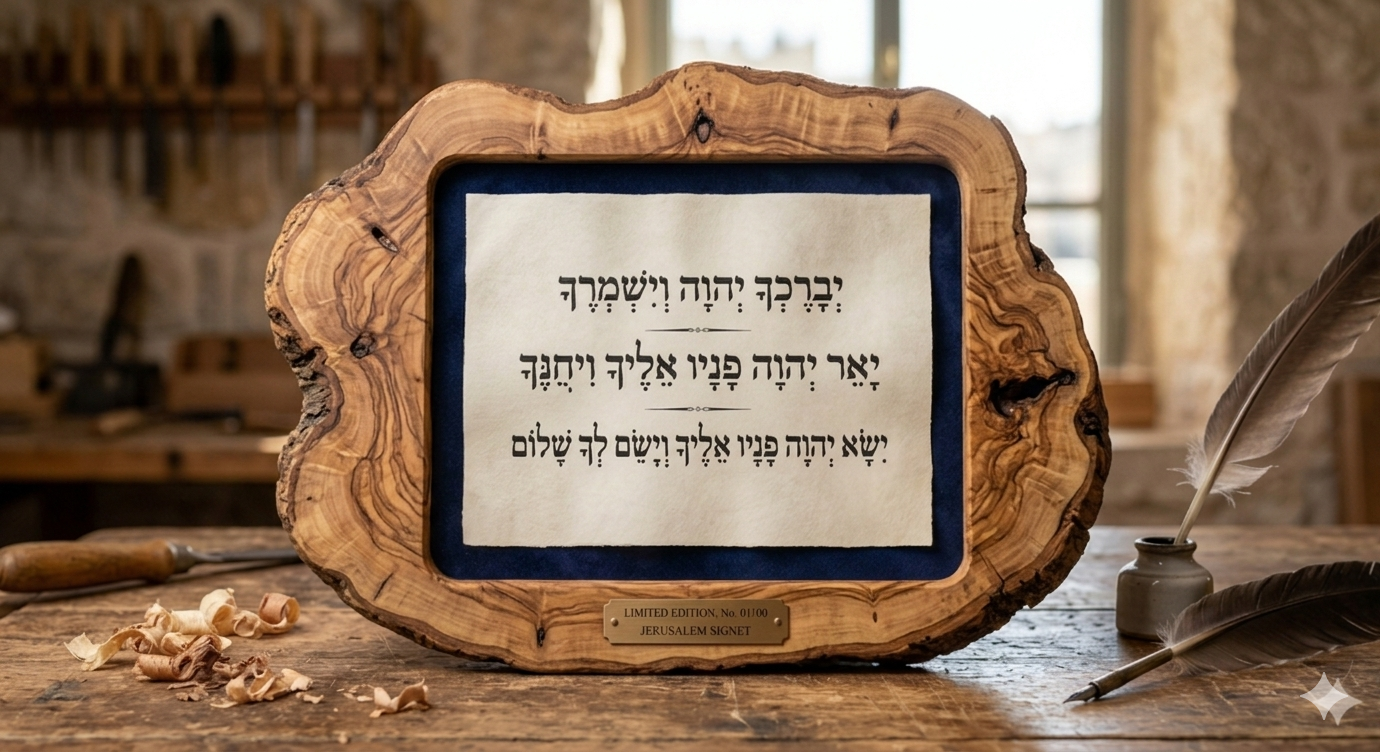 Galilee olive ring-style piece with blessing on royal velvet under glass