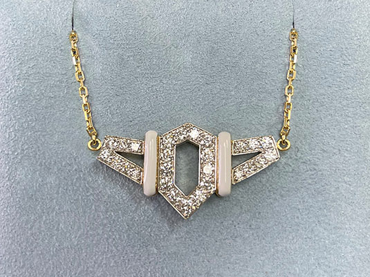 A closeup of a diamond necklace