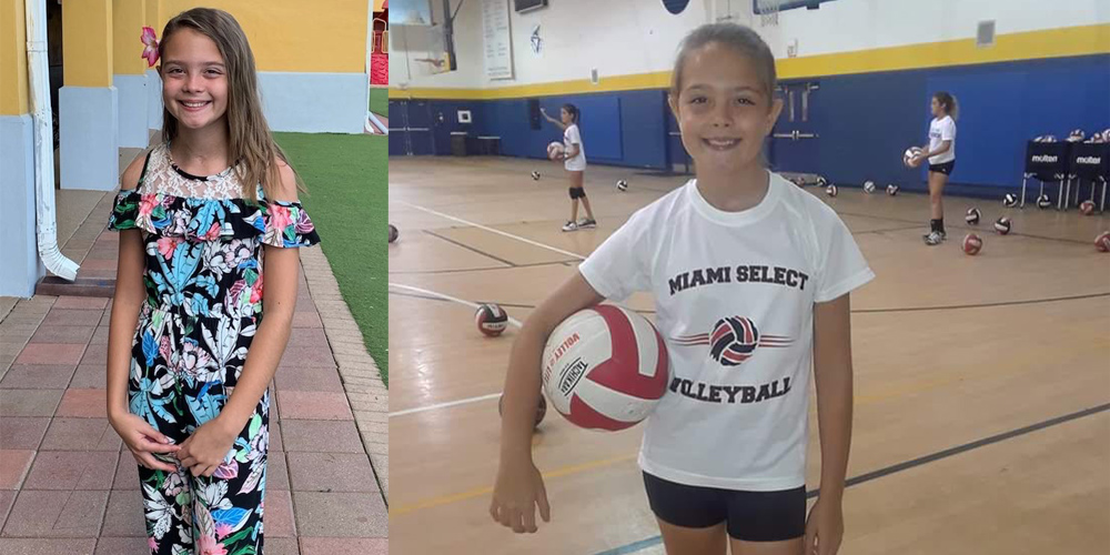 There are two images, in the image to the left, Victoria is standing and smiling, she is wearing a floral jumpsuit. Within the image to the right, Victoria is at a volleyball game, she is holding a volley ball between her right arm and hip