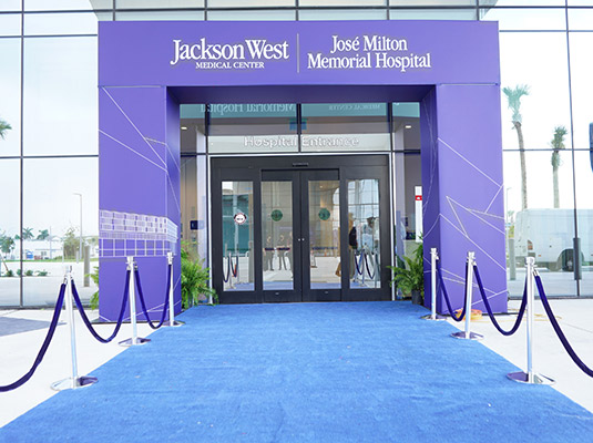 An exterior image of the front door of a building, there is a blue carpet leading to the front door