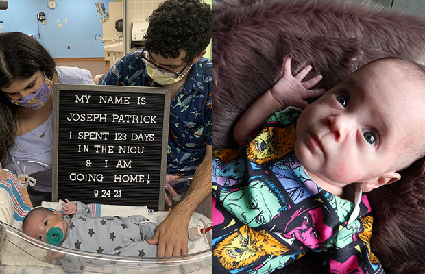 On the left is an image of two parents looking down at their baby, there is a sign that reads My name is Joseph Patrick I spent 123 days in the NICU and I am going home. To the right is an image of a baby laying down and looking at the camera