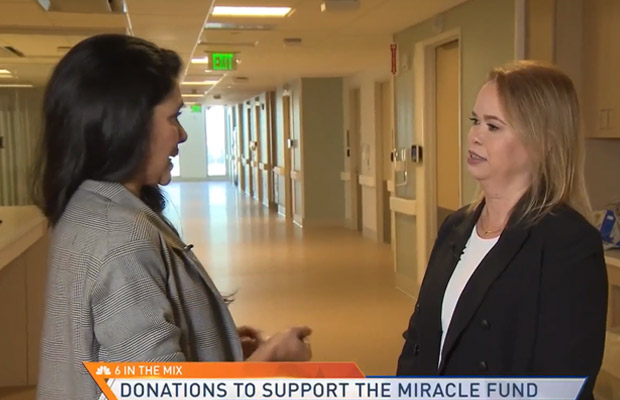 Two woman speaking, they are both wearing suit jackets, there is decorative text that reads 6 in the mix, donations to support the miracle fund