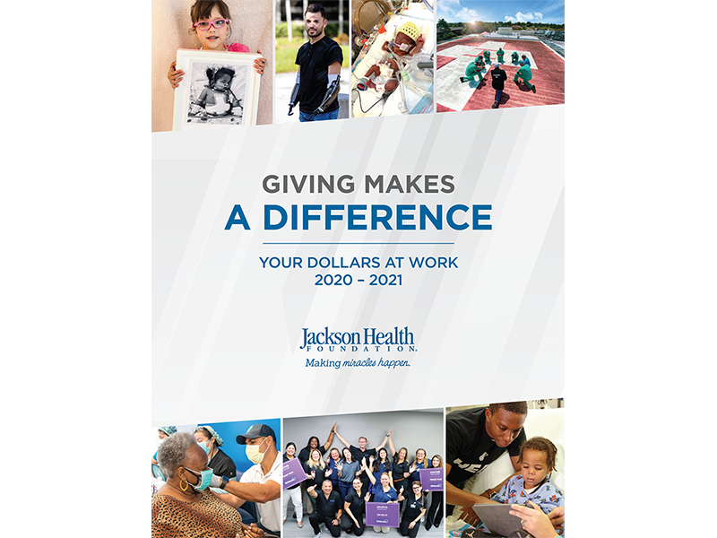 A cover of a report, it has multiple images of people and it reads Giving makes a difference, your dollars at work 2020-2021