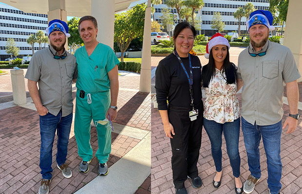 Two images. On the left is a man with a medical professional, they are smiling at the camera and are standing outdoors. To the right is a medical professional with a man and woman, they are smiling at the camera and are standing outdoors.