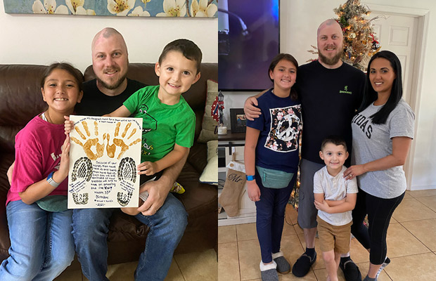 Two different images. On the left is a man with two children smiling, they're sitting on a couch. To the right is an image of a family of four standing and smiling at the camera.