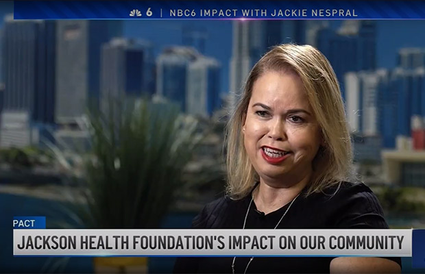 A closeup of a woman, she has short blonde hair. Below her it reads Impact, Jackson Health Foundation's Impact On Our Community