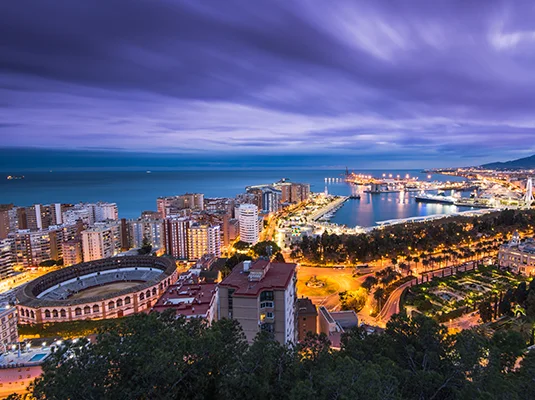 An aerial view of Malaga cityscape at night with views to the ocean and buildings