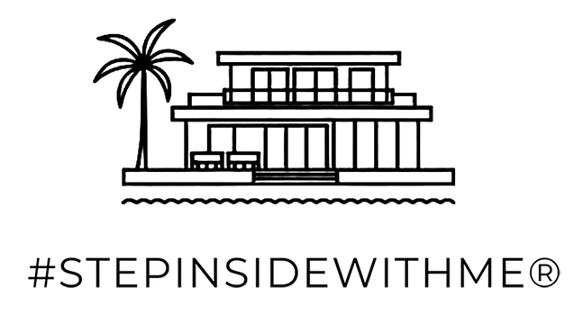 Logo that reads #STEPINSIDEWITHME, there's a building with a palm tree next to it