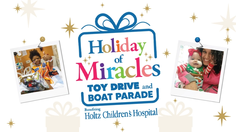 A banner that reads Holiday of Miracles Toy Drive, there are two images of young hospital patients