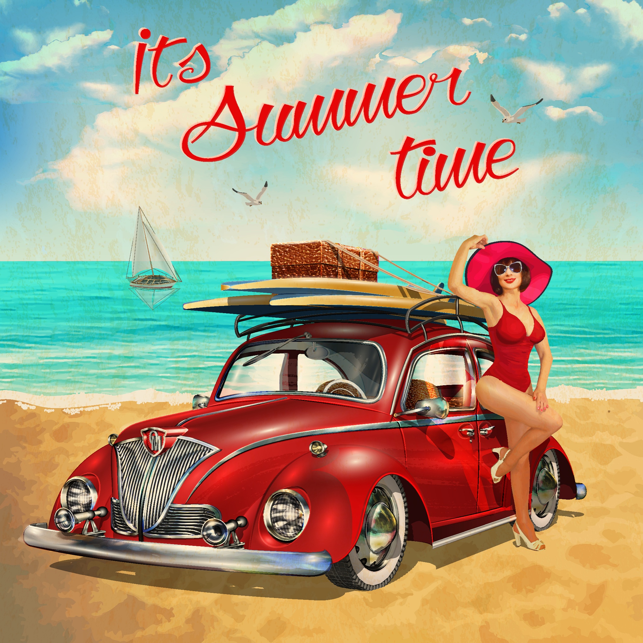 Retro car and beautiful girl on beach jigsaw puzzle by Gotiva