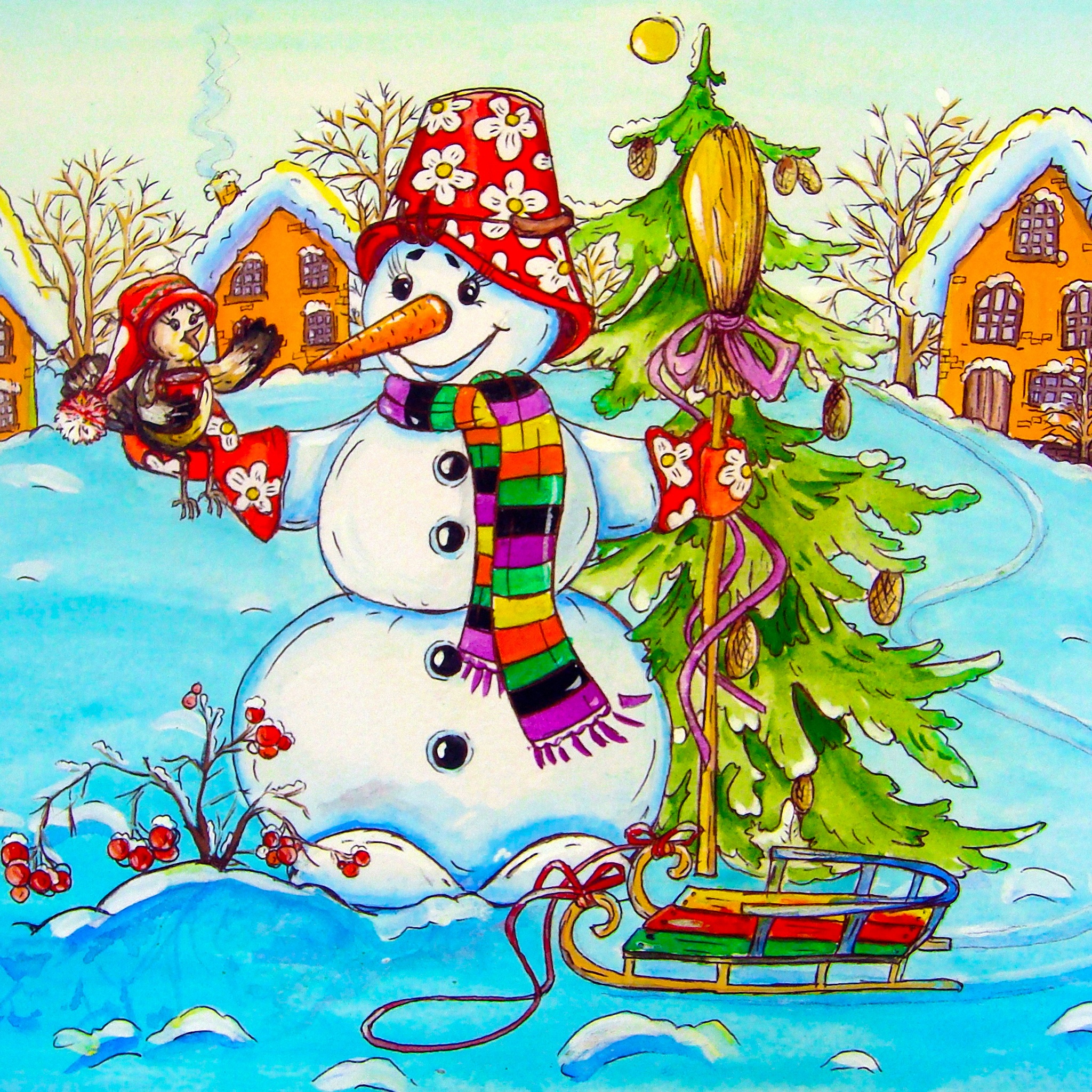 Snowman and Sleddings jigsaw puzzle by Gotiva