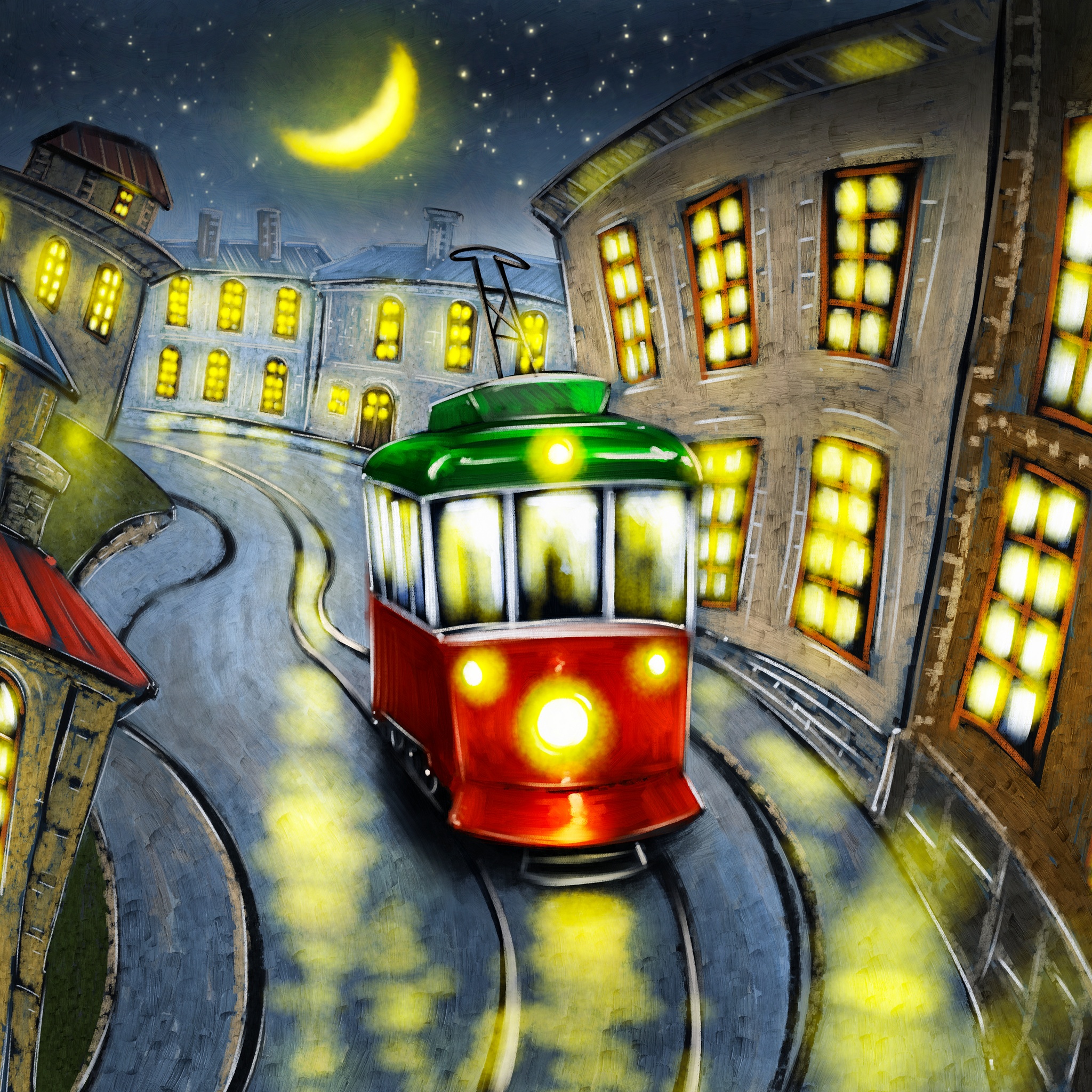 Tram in Night Drive Oil Painting jigsaw puzzle by Gotiva