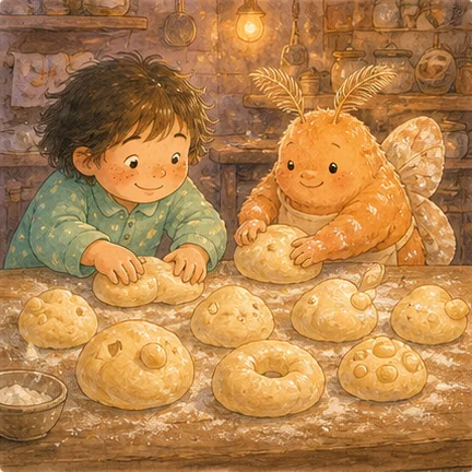 다라와 나방 제빵사가 작업대에서 모양이 제각각인 일곱 개의 빵 반죽을 만든다.
