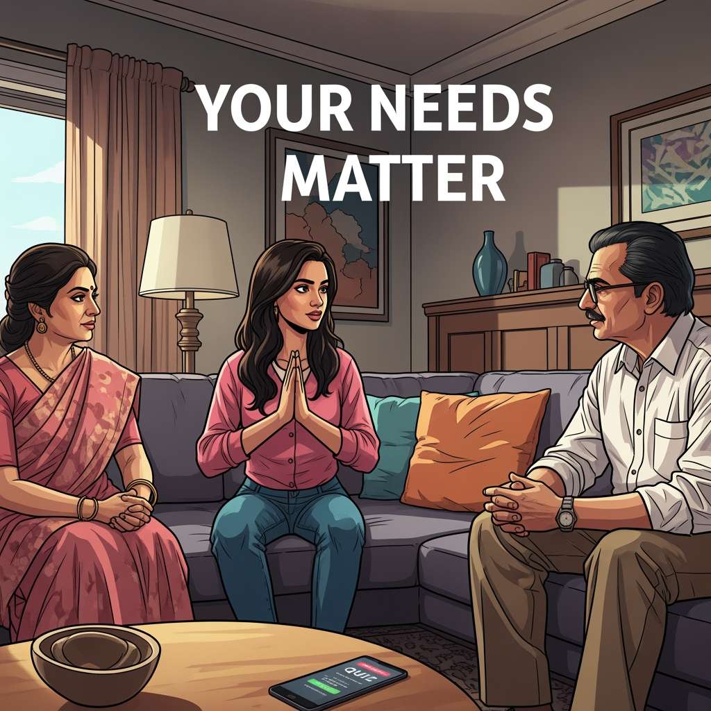 Indian woman confidently discussing relationship needs with parents at home