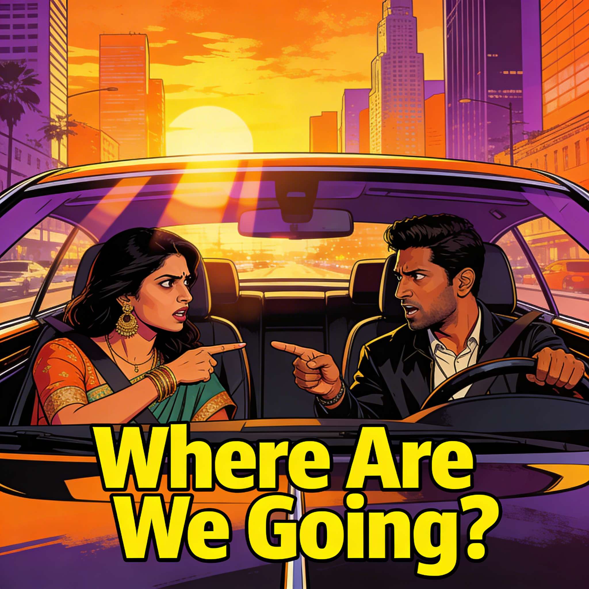 Frustrated Indian couple arguing in car representing relationship goal misalignment