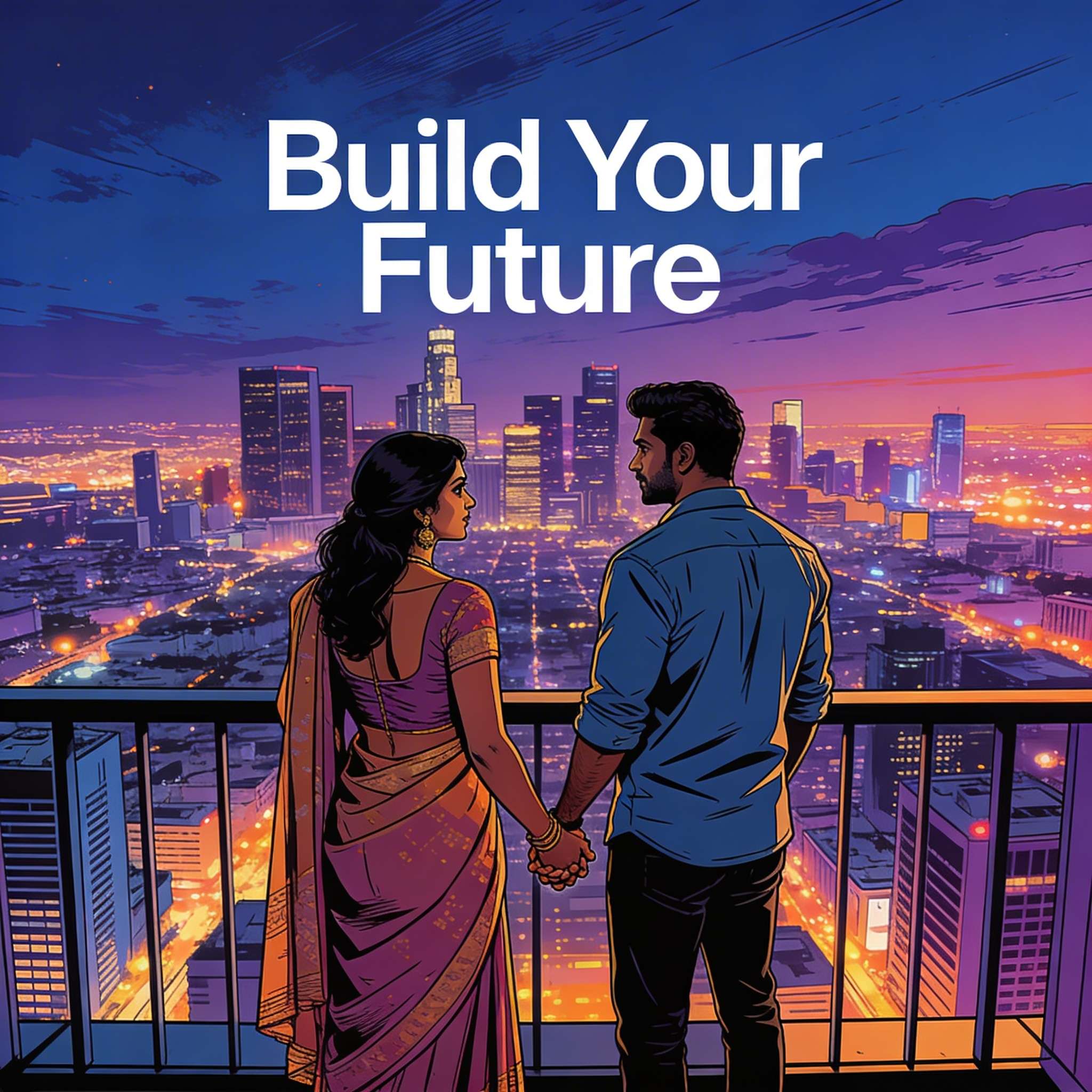 United Indian couple planning shared future together overlooking city skyline