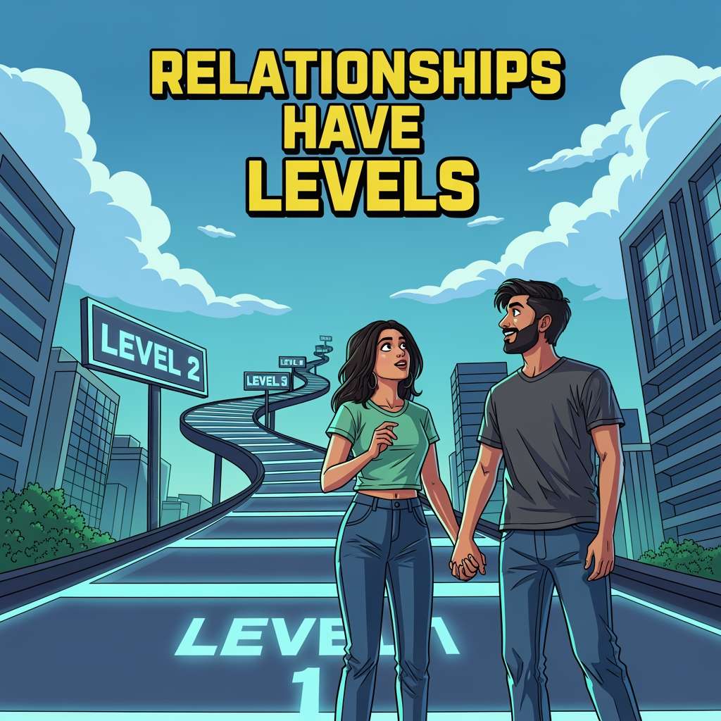Indian couple on a Level 1 platform, looking up at future relationship levels like a game.