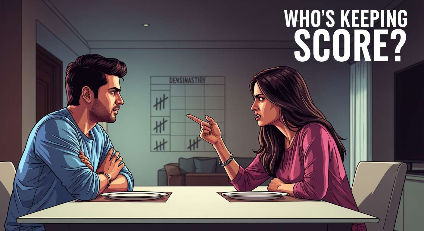Indian couple arguing, one pointing finger, illustrating the blame game and keeping score.
