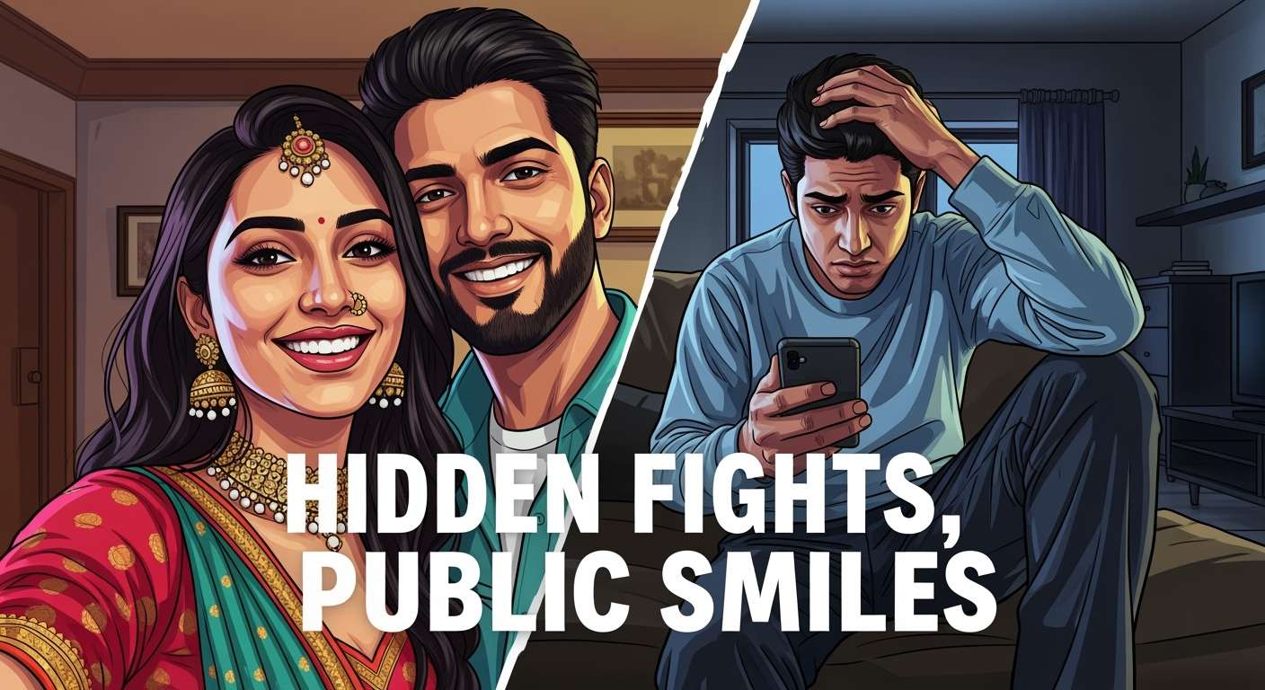 Indian couple showing public smiles versus private arguments, highlighting cultural pressure.