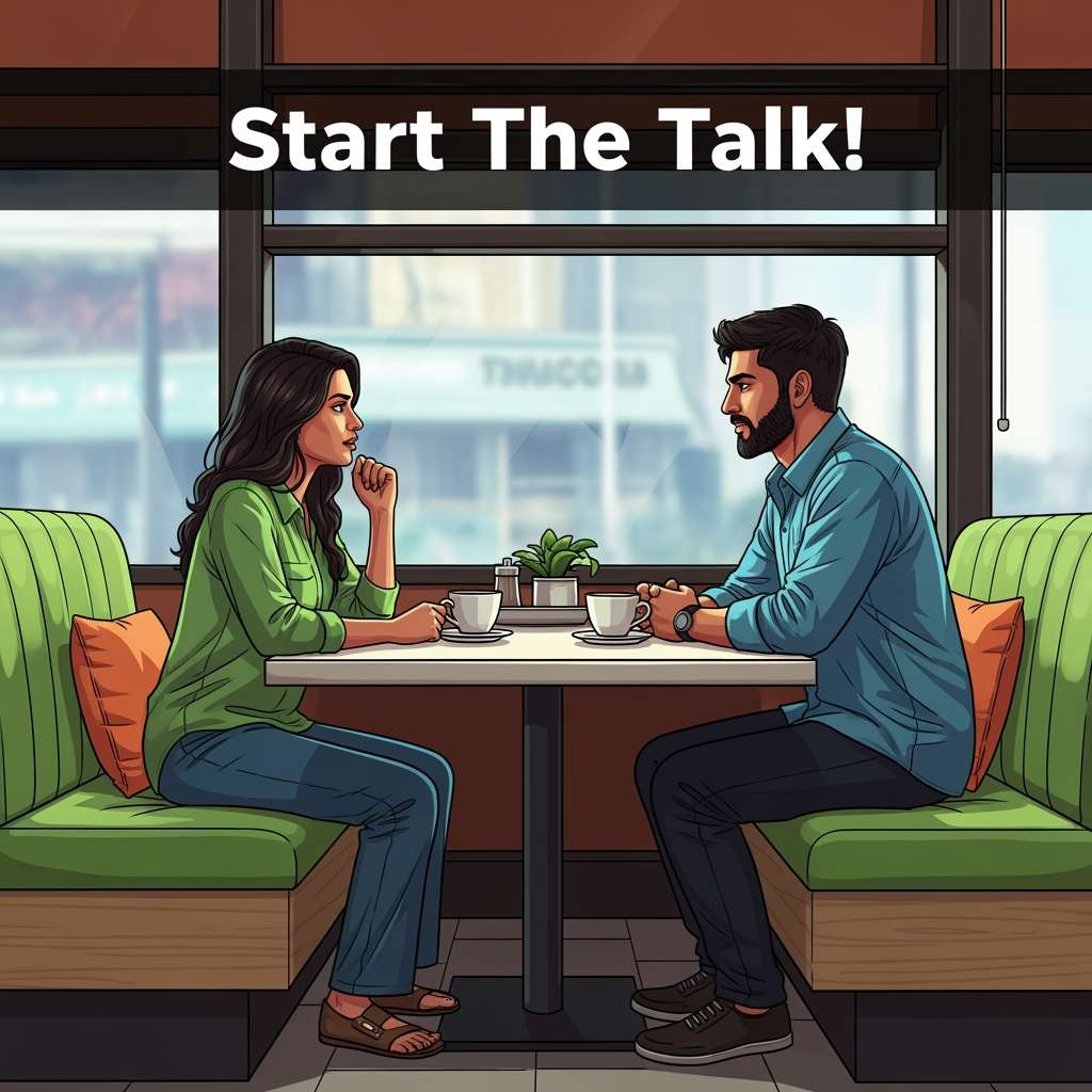 Indian couple having a calm, open commitment conversation in a modern cafe setting.